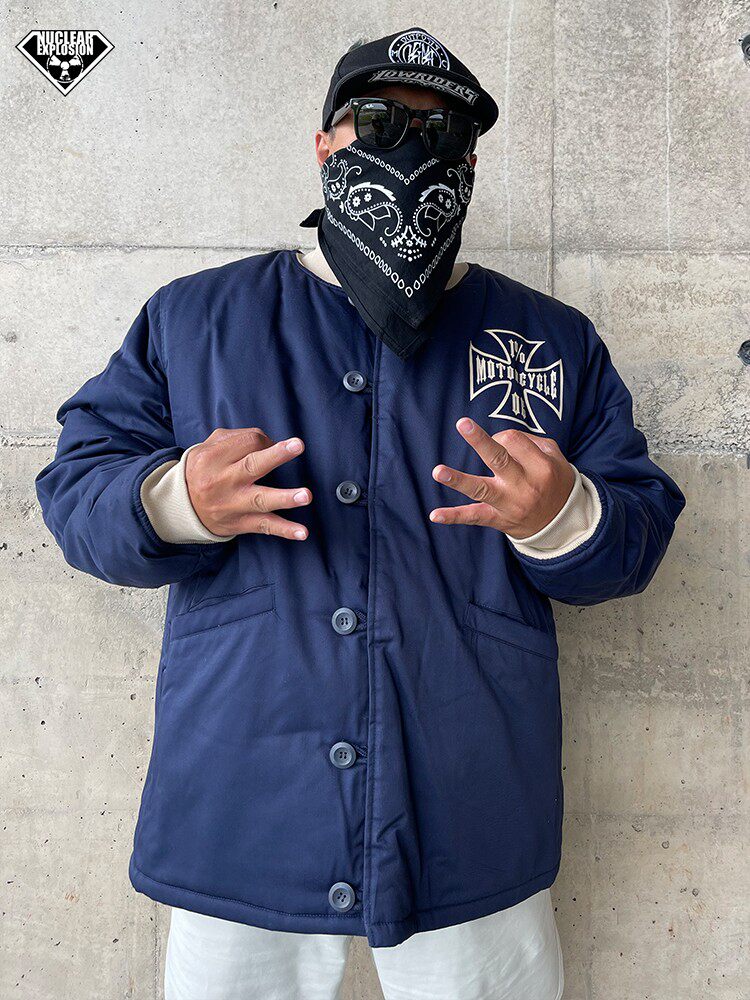 NUCLEAR EXPLOSION 5150 TREND STAND UP COLLAR SHORT MENS LARGE SIZE THICKENED WARM RETRO NAVY BLUE COARSE COTTON JACKET