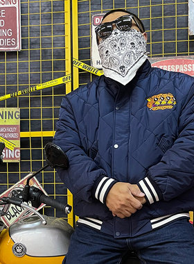 核爆炸三头豹刺绣花体字背标蓝色潮流街头大码棒球棉服棉衣外套男