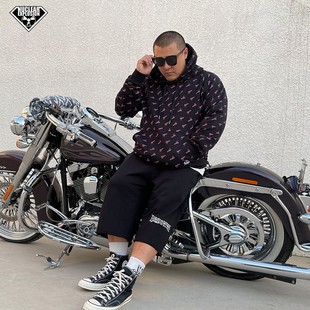 核爆炸手枪粉色印花重磅全棉宽松大兜帽衫 卫衣男 黑色套头连帽长袖