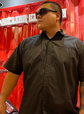 核爆炸幸运十三黑武士梅花刺绣美式复古西海岸全棉黑色短袖衬衫