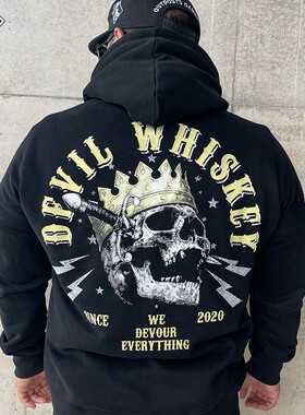 DW魔鬼威士忌骷髅王保暖袋鼠兜黑色宽松大码加绒帽衫套头连帽卫衣