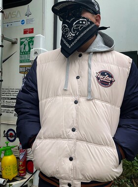 核爆炸蓝白潮流拼色刺绣徽章特厚保暖休闲棉衣棒球领可脱帽棉服男