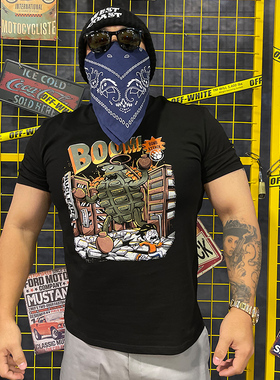 NE核爆炸炸弹妖怪黑色250克纯棉宽松大码夏季男士潮流半袖短袖T恤