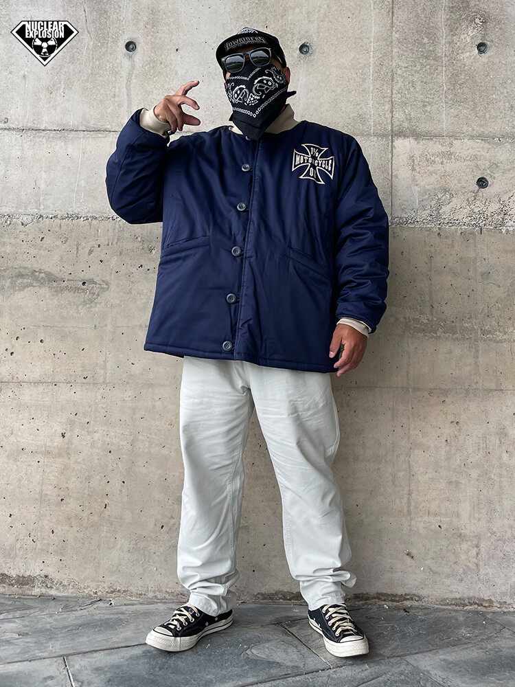 NUCLEAR EXPLOSION 5150 TREND STAND UP COLLAR SHORT MENS LARGE SIZE THICKENED WARM RETRO NAVY BLUE COARSE COTTON JACKET