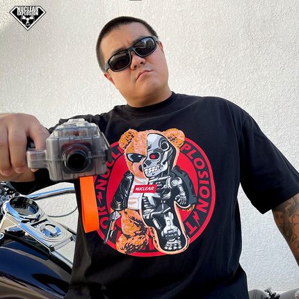 核爆炸潮牌T800终结者机器小熊暴力宽松大码黑白纯棉情侣短袖T恤