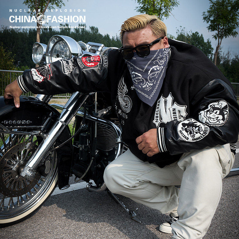 核爆炸大码男装国潮原创设计重工刺绣棒球服美式复古徽章夹克外套