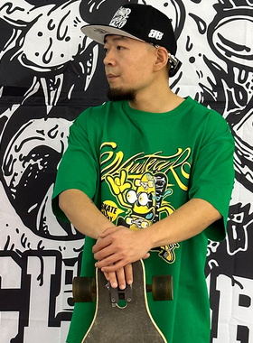 核爆炸潮牌绿色滑板西海岸夏季街头卡通220克纯棉男女半袖短袖T恤