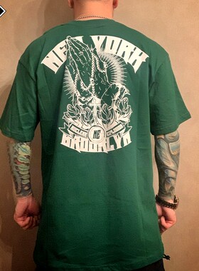 核爆炸潮牌chicano绿色布鲁克林帮派街区宽松大码纯棉短袖t恤男