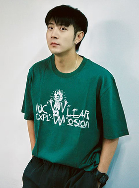 核爆炸夏季复古墨绿火人old school机车时尚220克纯棉大码短袖T恤