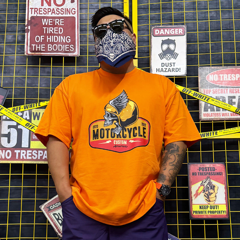 OGMC机车潮牌橘色骷髅头职业车手宽松大码全棉丝网印花短袖T恤男