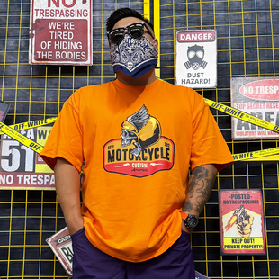 OGMC机车潮牌橘色骷髅头职业车手宽松大码 T恤男 全棉丝网印花短袖