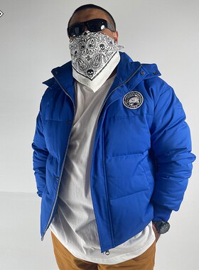 核爆潮牌网红ins宝蓝色白鸭绒西海岸公仔绣标印花大码连帽羽绒服