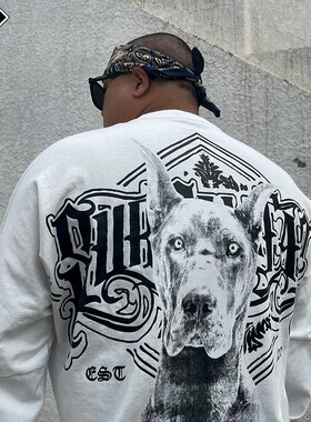 核爆炸潮牌杜宾犬立体卡通印花纯棉宽松休闲男士黑白打底长袖t恤