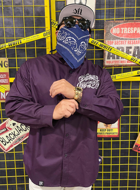 核爆炸潮牌紫色绅士花体字绣花西海岸奇卡诺全棉春秋休闲长袖衬衫