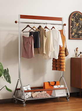 中古风实木挂衣架落地卧室法式衣帽架简约橡木客厅衣服包包置物架