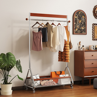 中古风实木挂衣架落地卧室法式 衣帽架简约橡木客厅衣服包包置物架