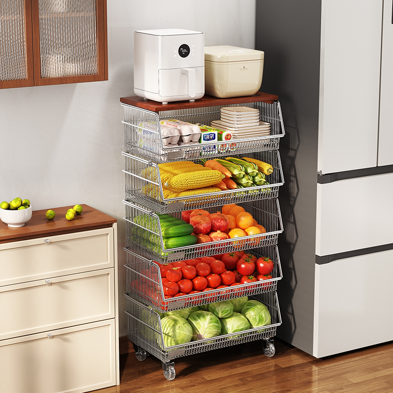 304不锈钢厨房蔬菜置物架推车家用落地菜篮转角菜架靠墙果蔬收纳