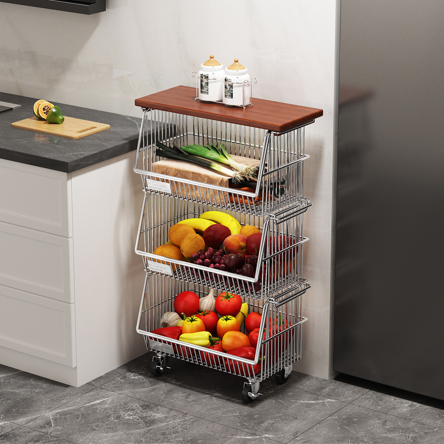 厨房收纳小推车不锈钢水果蔬菜置物架落地储物柜调料葱姜蒜收纳盒,厨房/烹饪用具,果蔬置物架/篮/框,淘宝优惠券,粉丝福利购,淘宝优惠卷