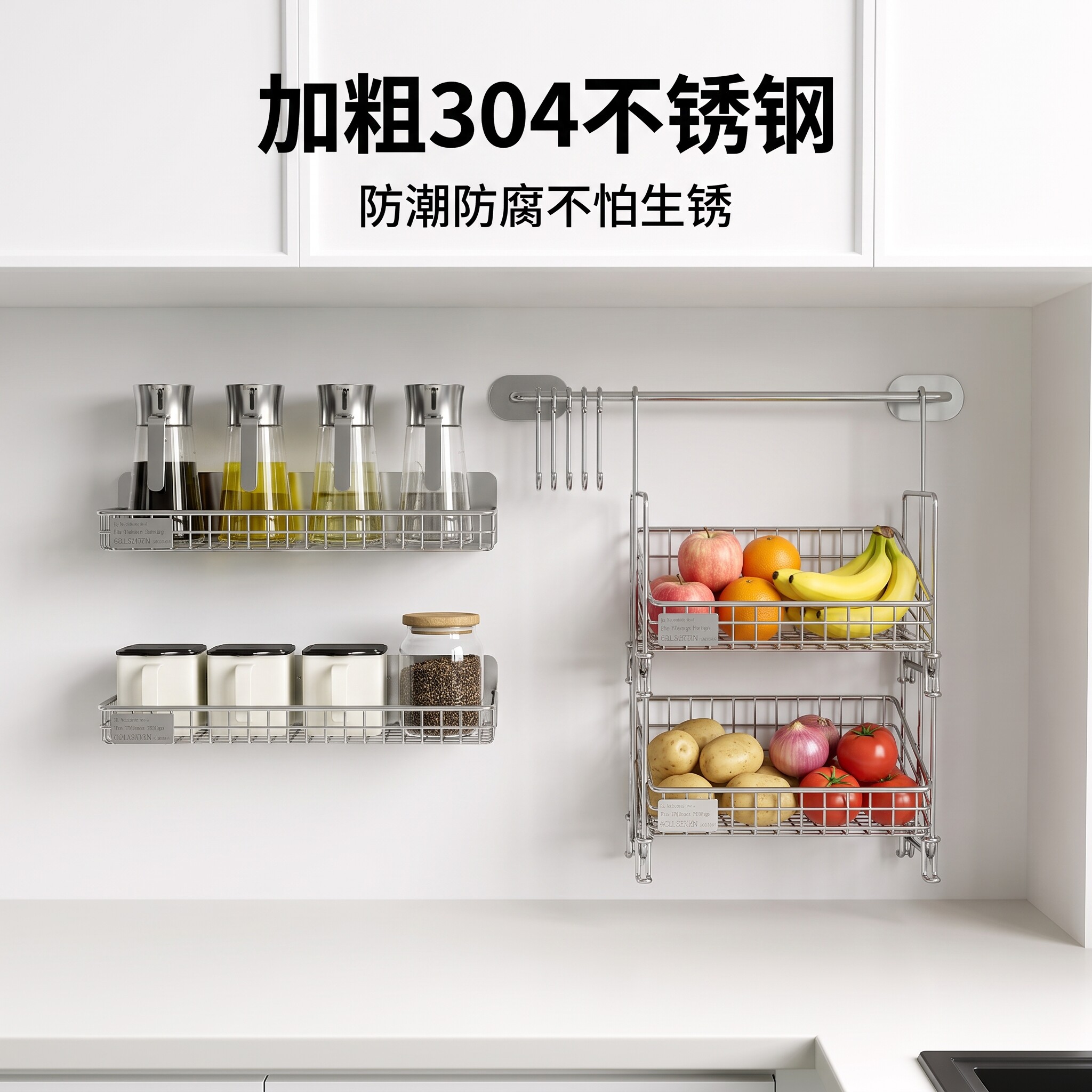 厨房304不锈钢调味料架子双层免打孔挂篮壁挂式葱姜蒜蔬菜收纳盒