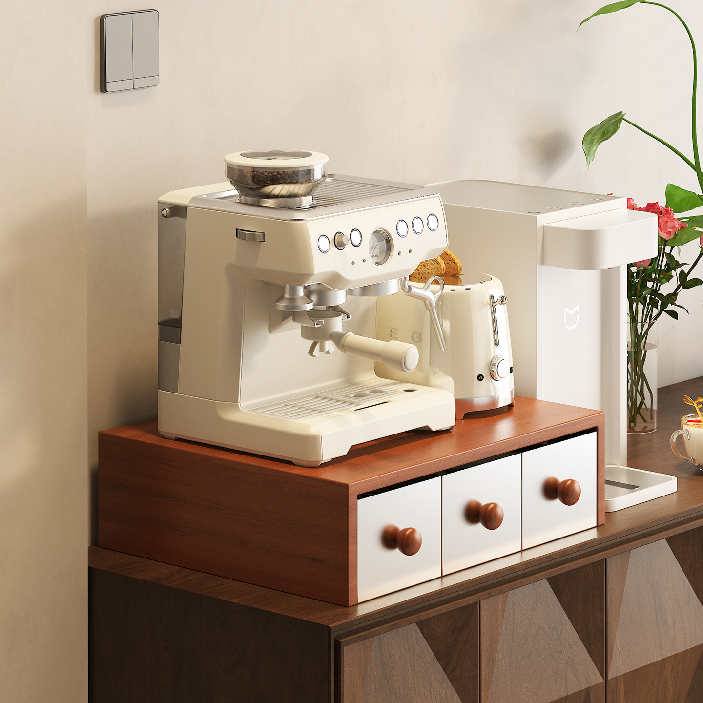 中古风咖啡机置物架桌面抽屉式防尘茶水杯放置盒实木餐边收纳柜子