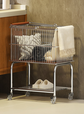 不锈钢中古脏衣篮推车收纳筐浴室置物架落地脏衣篓移动分层洗衣篮