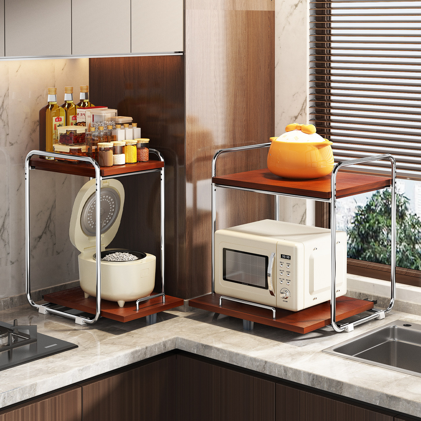 微波炉置物架厨房多功能台面烤箱架抽拉式家用双层电饭锅收纳支架,厨房/烹饪用具,微波炉置物架,淘宝优惠券,粉丝福利购,淘宝优惠卷