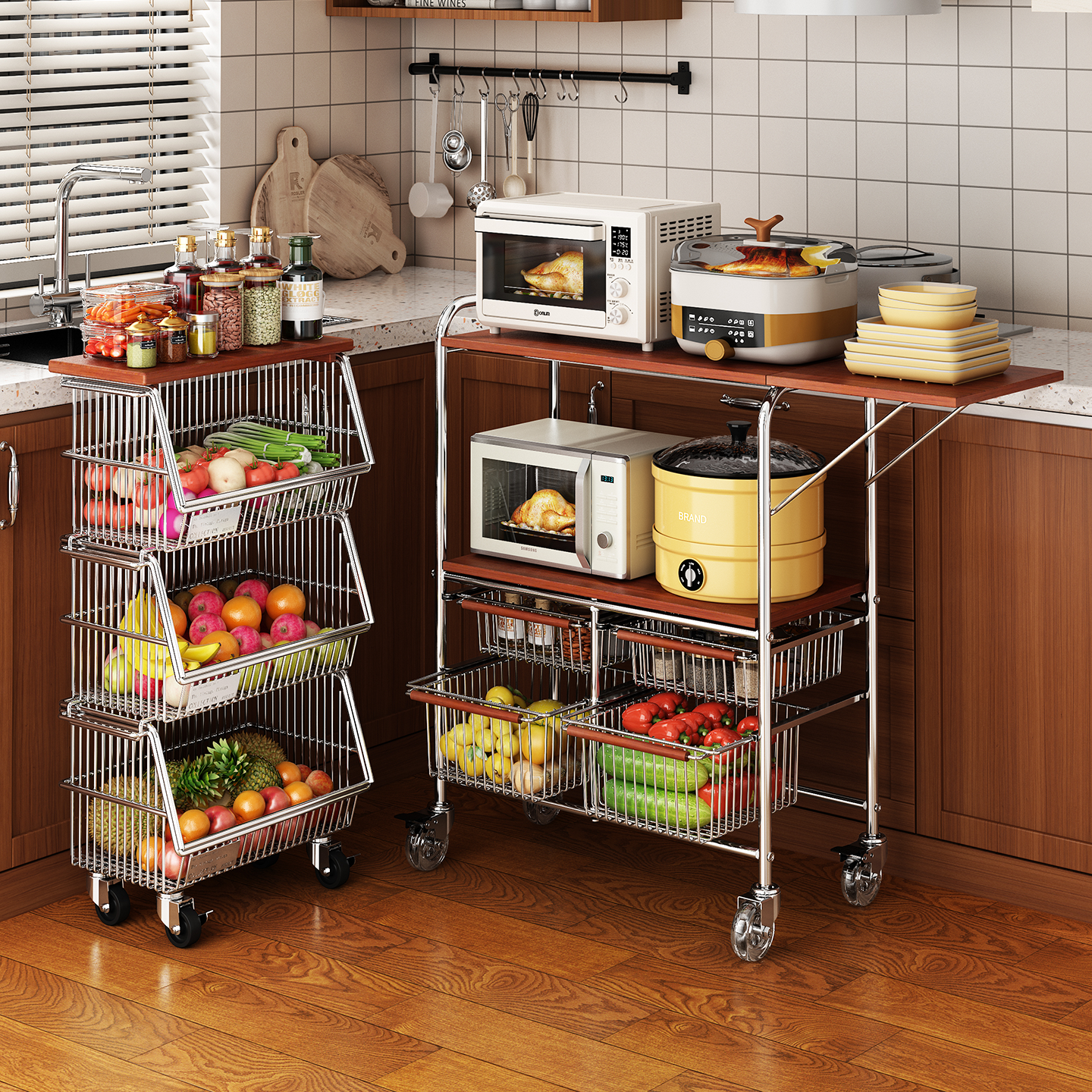 厨房置物架落地微波炉锅具收纳柜多功能菜篮子切菜工作台分层橱柜,厨房/烹饪用具,微波炉置物架,淘宝优惠券,粉丝福利购,淘宝优惠卷