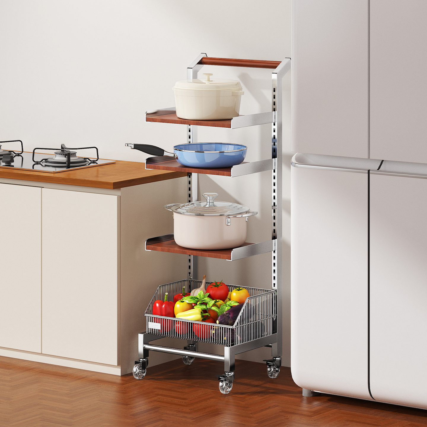 中古厨房果蔬置物架落地多层隔板层架移动收纳筐可调节厨具收纳架