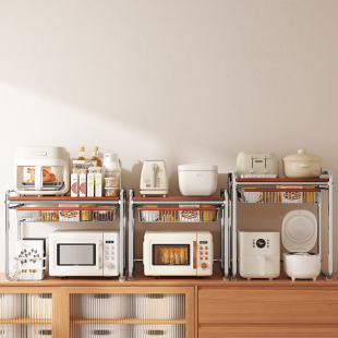 实木微波炉置物架厨房电饭锅架子台面家用多功能电器烤箱收纳支架