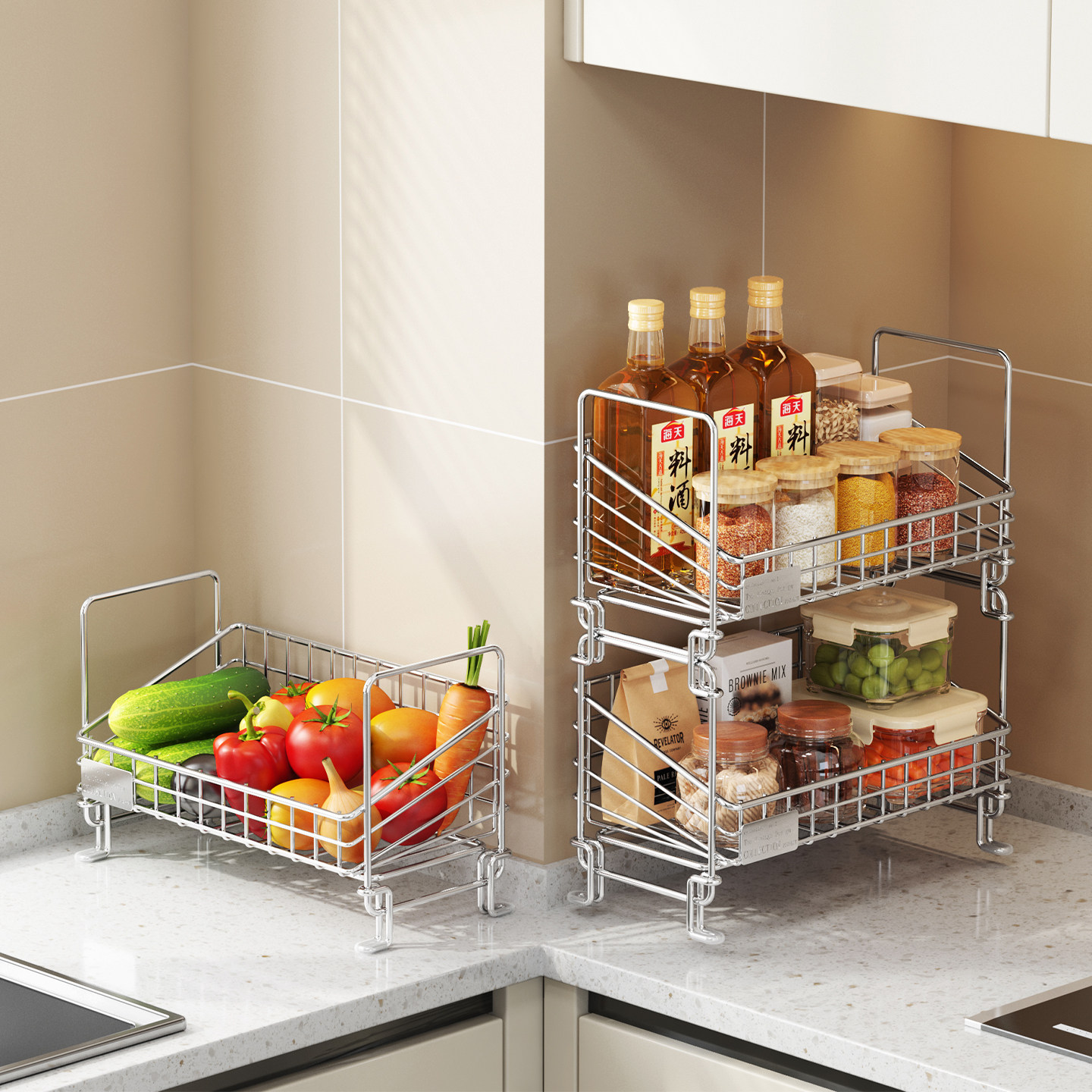 厨房调味料置物架2025新款不锈钢果蔬收纳筐台面多层多功能收纳架,厨房/烹饪用具,调料置物架,淘宝优惠券,粉丝福利购,淘宝优惠卷