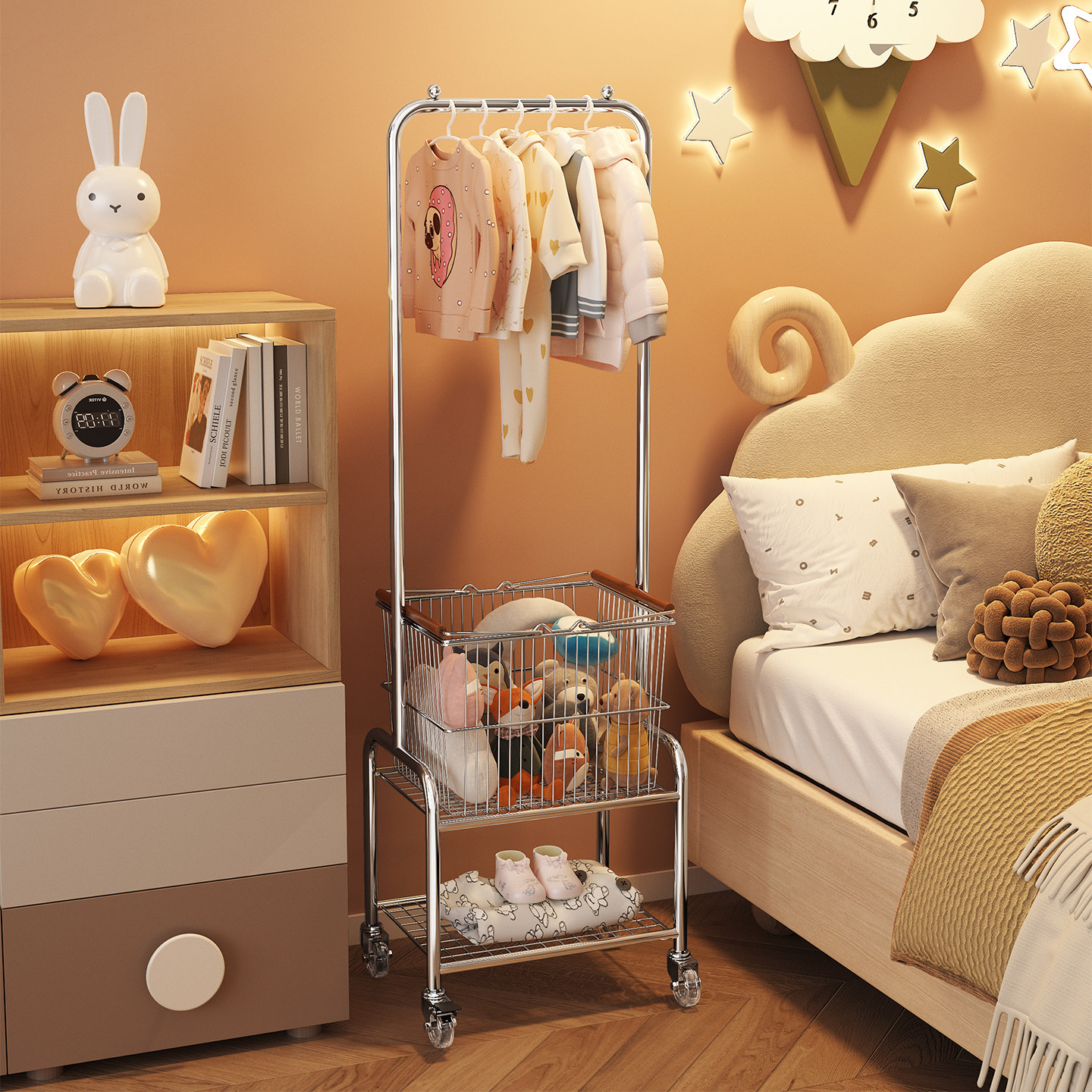 儿童房床头柜衣帽架一体卧室落地挂衣架子家用衣服收纳储物篮,住宅家具,儿童衣帽架,淘宝优惠券,粉丝福利购,淘宝优惠卷