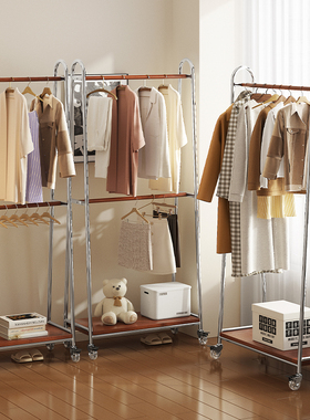中古移动衣架落地卧室挂衣架实木衣帽架柜房间简易衣服置物架神器