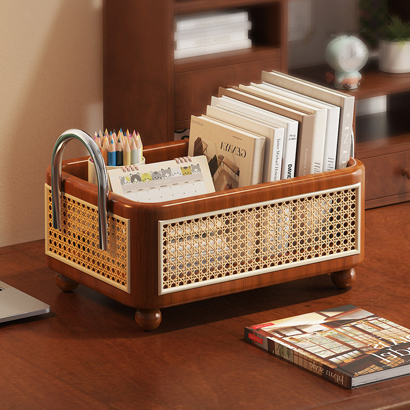 桌面藤编收纳筐长方形收纳盒轻奢高级感整理盒家用提蓝杂物置物筐,收纳整理,桌面收纳盒,淘宝优惠券,粉丝福利购,淘宝优惠卷