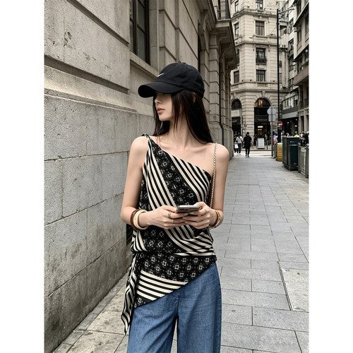 HUAX 法式条纹印花斜领吊带背心女夏季设计感不规则显瘦无袖上衣