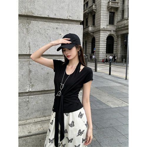 HUAX 韩系辣妹假两件褶皱绑带短袖T恤女夏季小众收腰显瘦百搭上衣