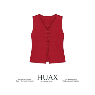 HUAX 复古辣妹红色V领针织背心女夏季新款气质简约百搭无袖上衣