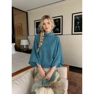 HUAX 氛围感湖蓝绞花毛衣女半高领宽松蝙蝠袖收腰短款套头针织衫