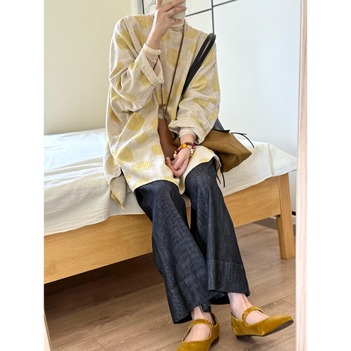HUAX 日系圆领波点印花连衣裙女装秋季高级感叠穿宽松中长款上衣