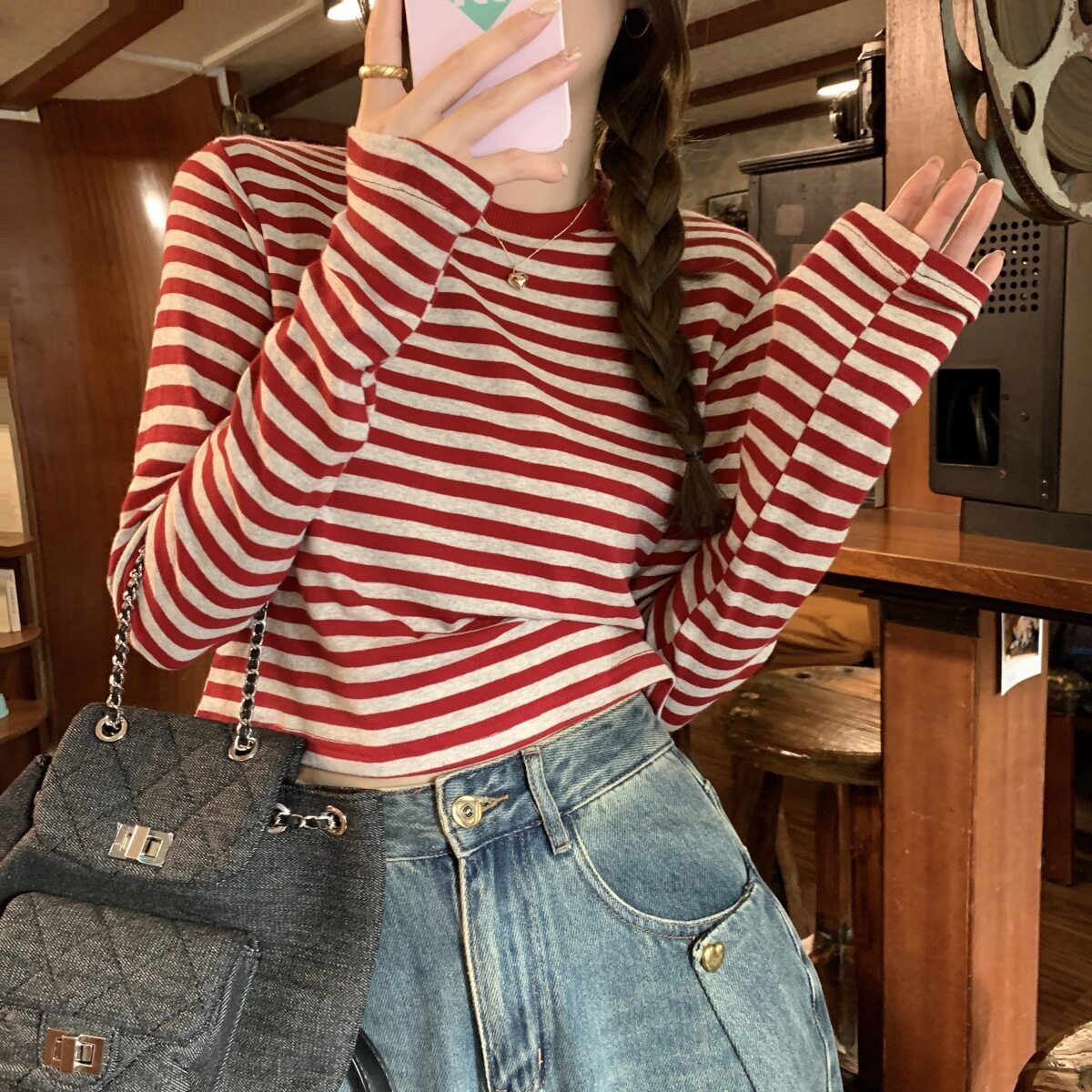 撞色条纹长袖T恤女2025秋季新款休闲显瘦内搭打底衫短款学生上衣