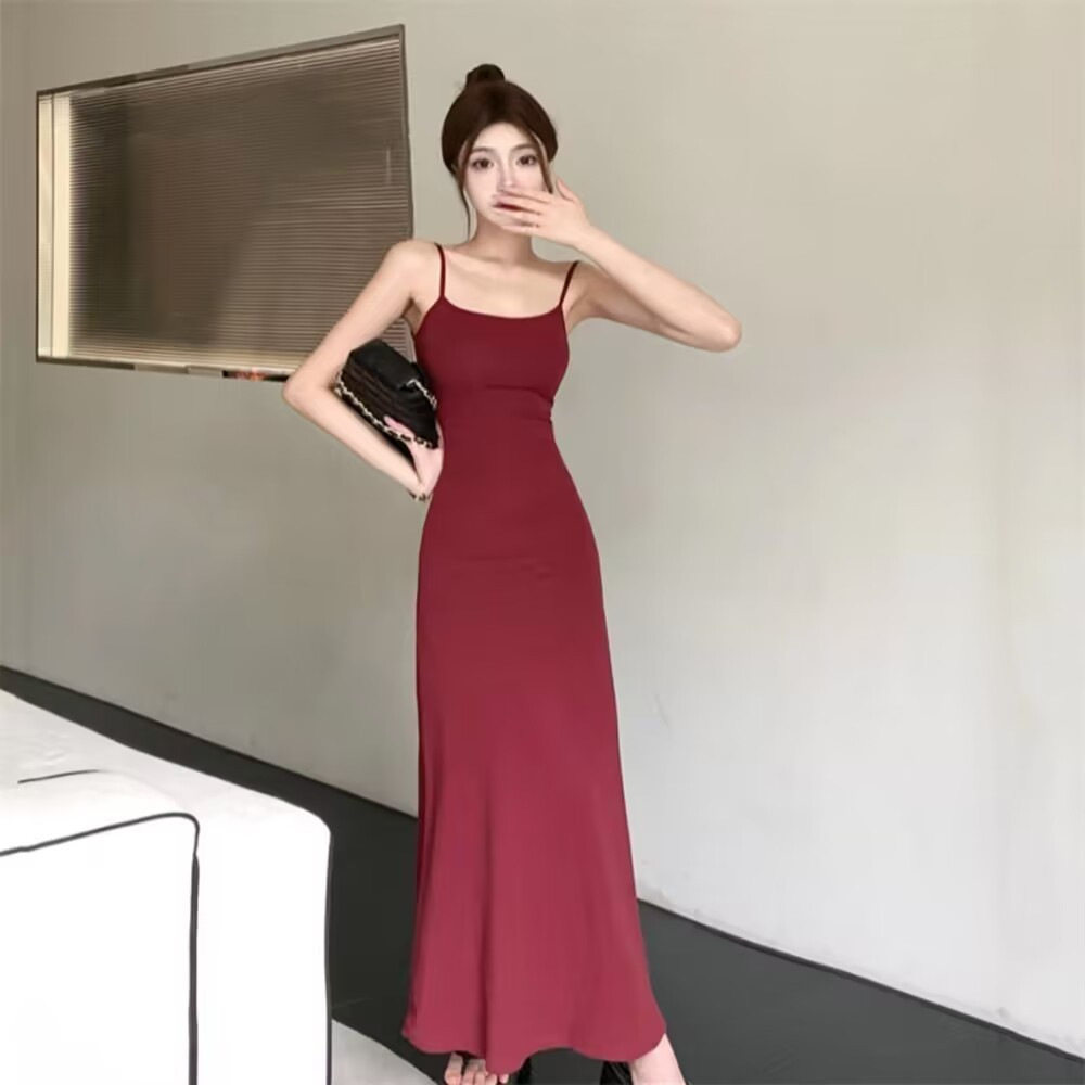 夏季甜酷气质鱼尾包臀长裙纯欲无袖吊带收腰露背连衣裙女