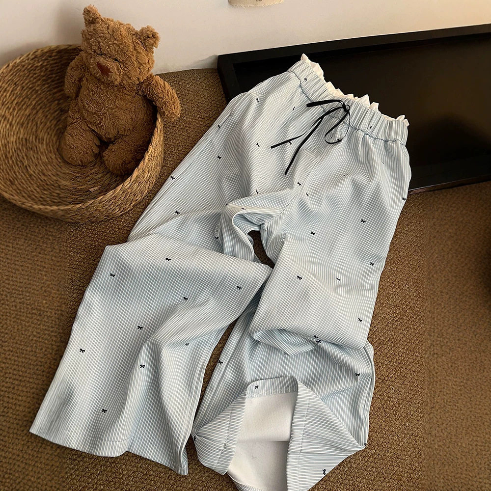 甜辣少女!浅蓝色蝴蝶结碎花条纹阔腿裤女夏季韩系慵懒直筒拖地裤