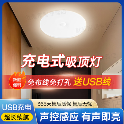 楼道充电声控灯入户门不插电声光控感应灯家用楼梯间免接线吸顶灯