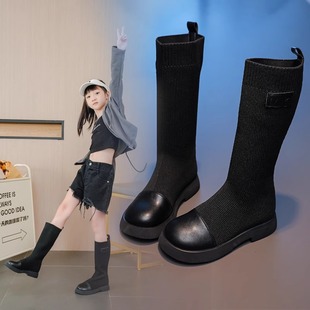 弹力针织袜长筒靴女童秋冬高筒马丁靴长靴英伦单靴中大童公主袜靴