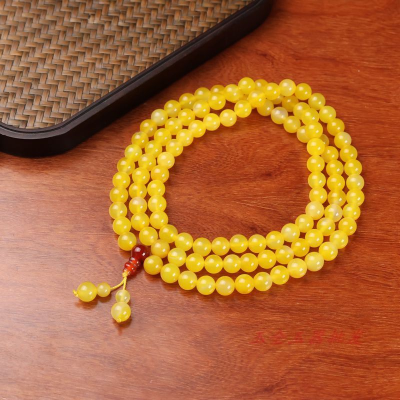 天然冰种黄玉髓多圈手链黄玉108颗佛珠手串项链和田玉圆珠手链