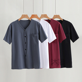 老年人全棉T恤汗衫 纯棉短袖 爸爸睡衣对襟上衣薄款 夏大码 开衫 男士