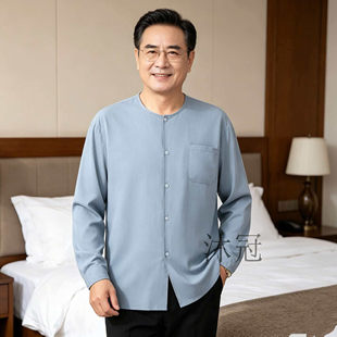 夏季绵绸长袖圆领衬衫中老年男装薄款开衫人造棉中老年爸爸空调服
