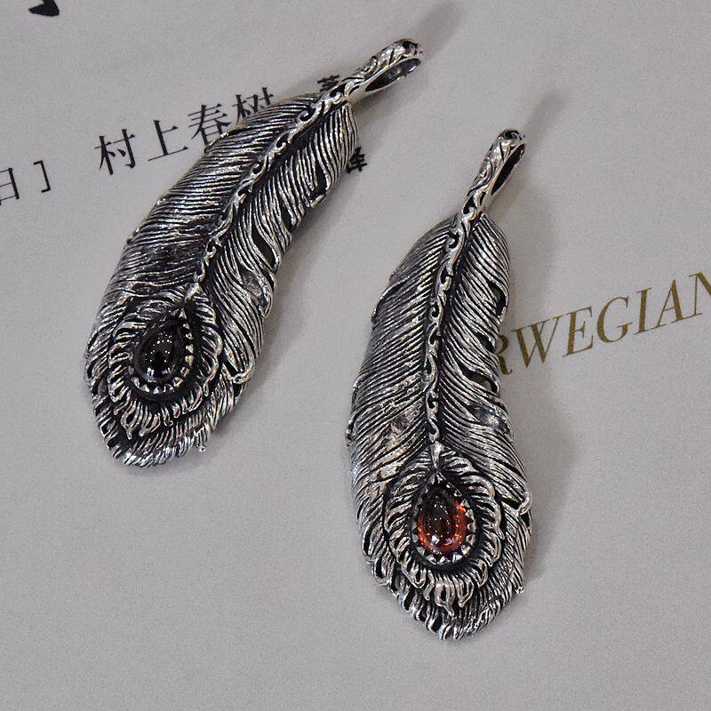 男女复古印第安风格镶嵌红黑水晶石细致孔雀羽毛泰银吊坠925纯银