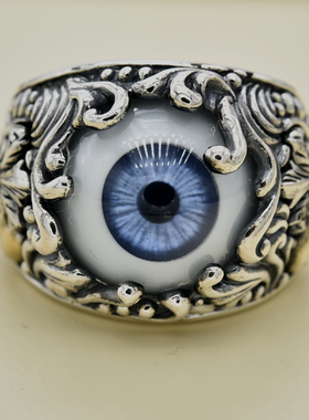 泰国蓝色花纹男士朋克风纯银戒指