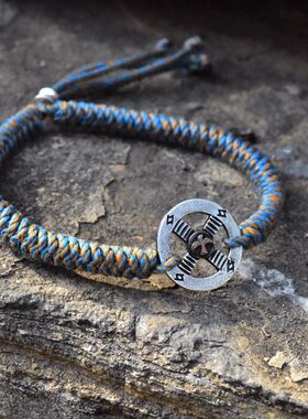 男女复古925纯银印第安雄鹰标十字圆盘彩绳编织金刚结可调节手环