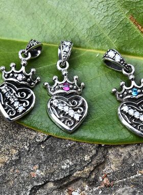 泰国进口复古宫廷镶钻皇冠与爱心女士哥特泰银吊坠925纯银小挂件